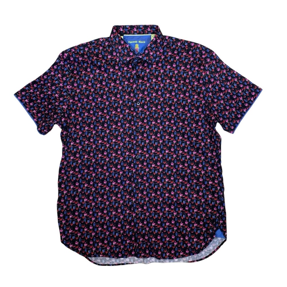 Visconti Black Printed Button Up Shirt Cocktail Party Slim Fit XL